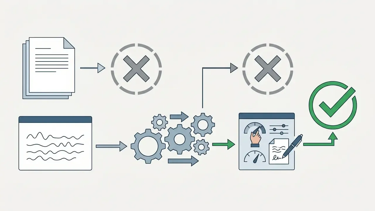 Documents moving through gears and a manual editing dashboard to reach a final green checkmark status
