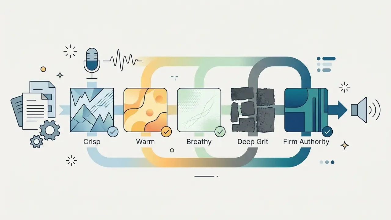 Series of five icons illustrating voice texture options from crisp to firm authority for audio output