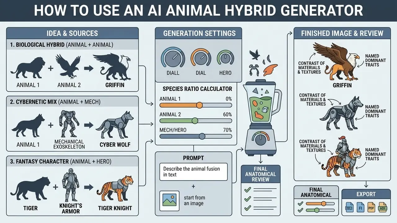 Flowchart detailing the steps to create animal hybrids using source selection, generation settings, and export