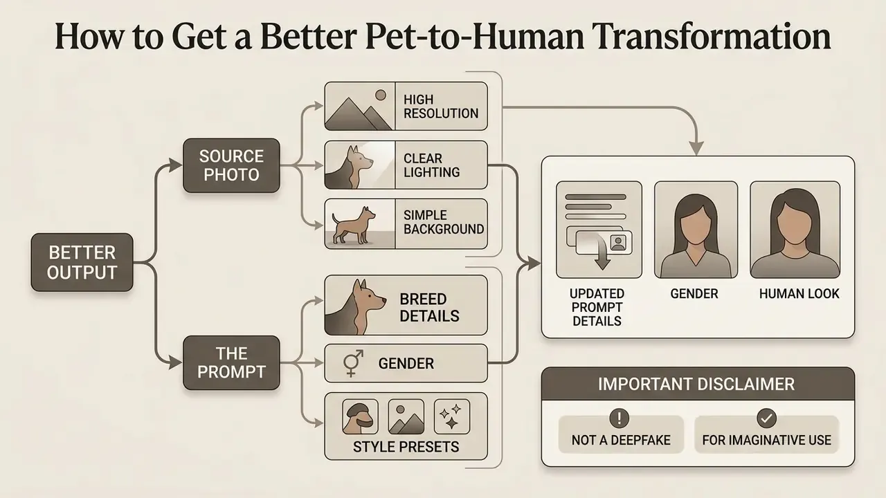 Flowchart showing how source photo quality and prompt details influence a dog to human AI generator