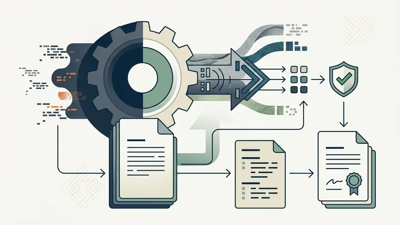 Code documents passing through a gear and arrow system to a shield icon and finalized compliance report