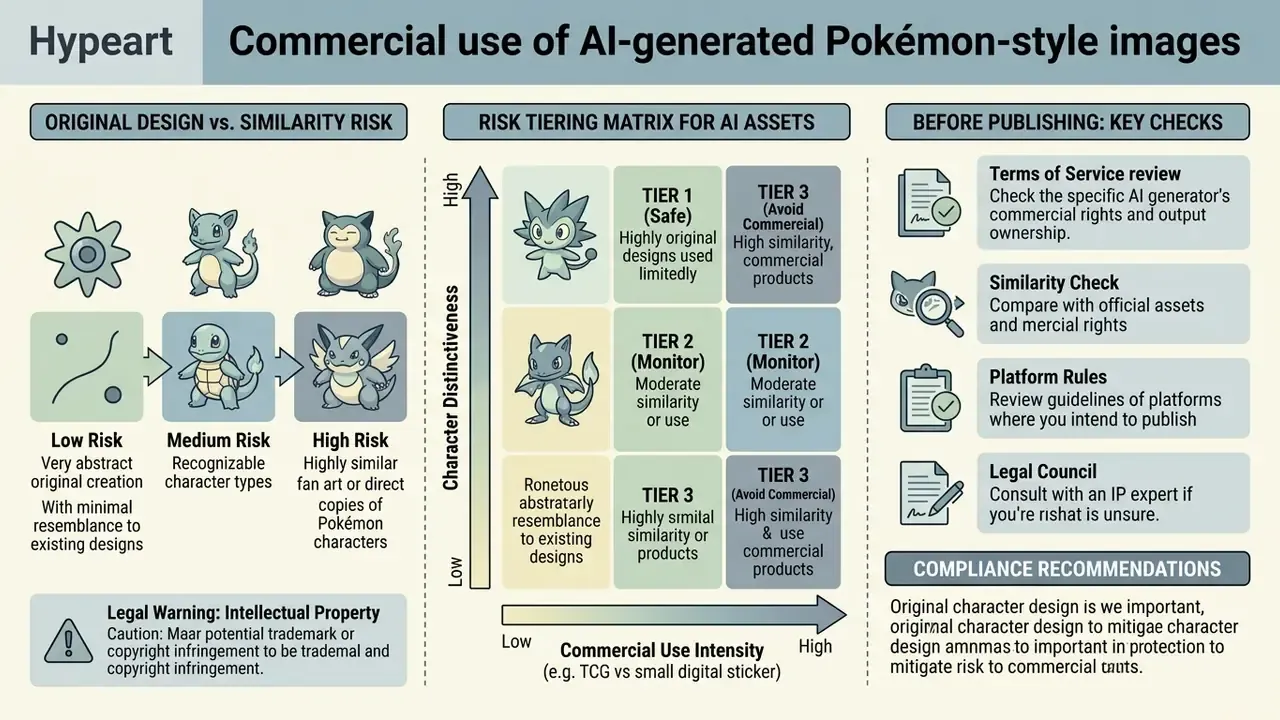 Infographic summarizing legal risks and compliance checks for using AI-generated Pokémon-style characters