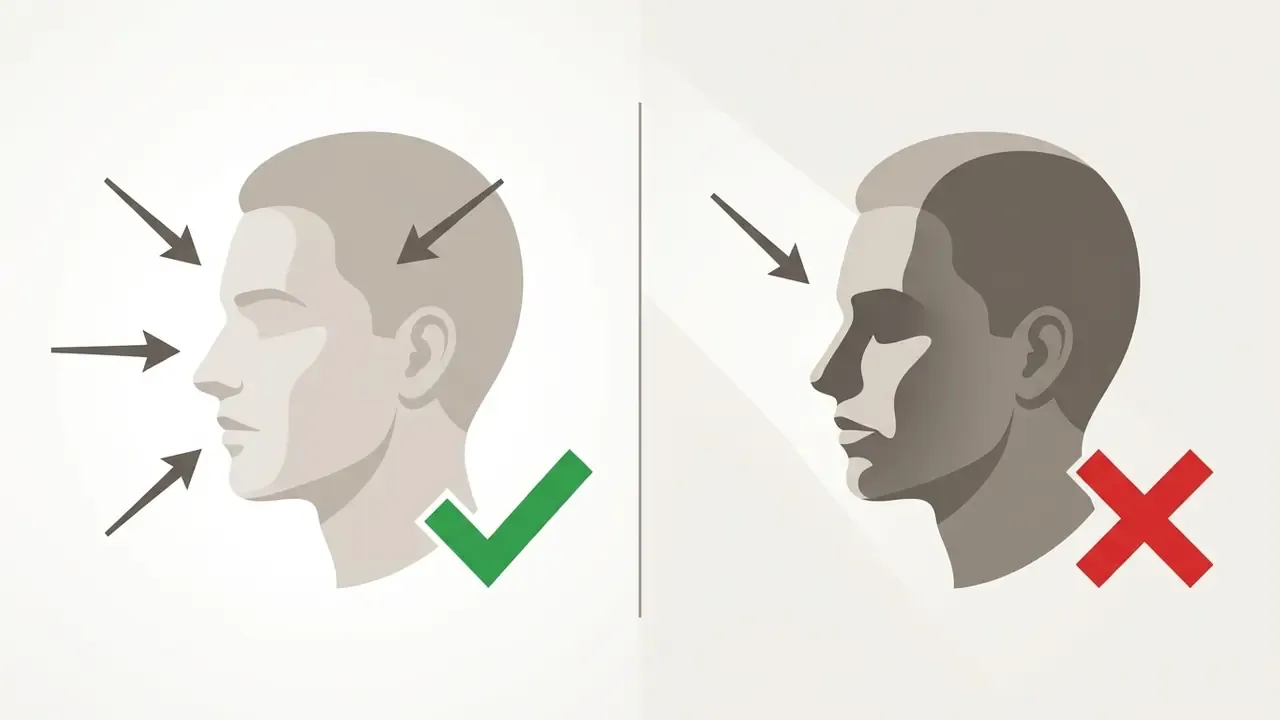 Side profile of a head showing correct even lighting with a checkmark and harsh side lighting with an x