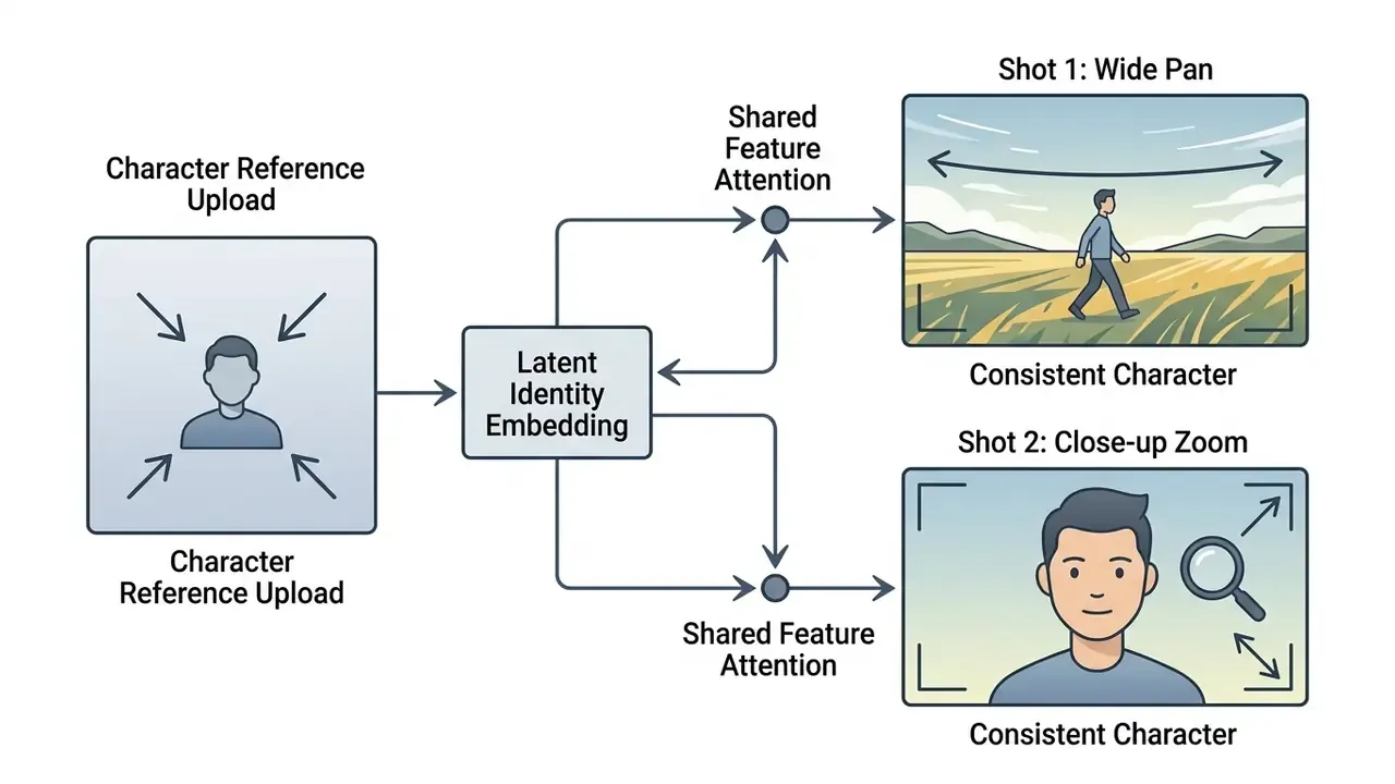 Diagram showing how character reference uploads are processed into latent embeddings for video generation