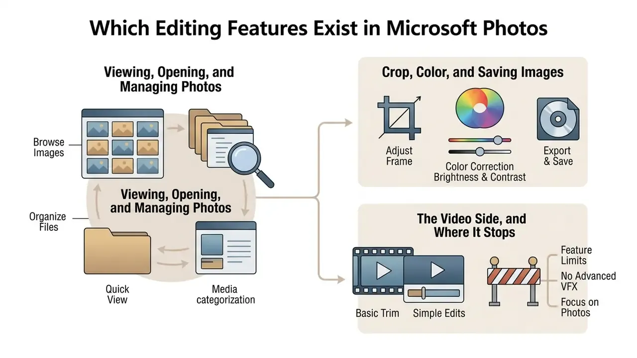 Diagram showing tools for viewing, managing, editing, and trimming media in Microsoft Photos