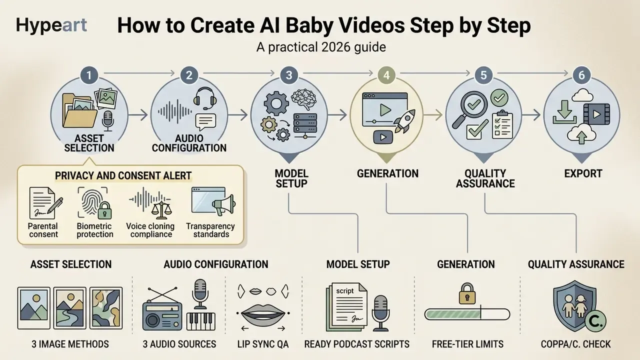Six-step workflow diagram detailing the stages and privacy requirements for creating AI baby videos