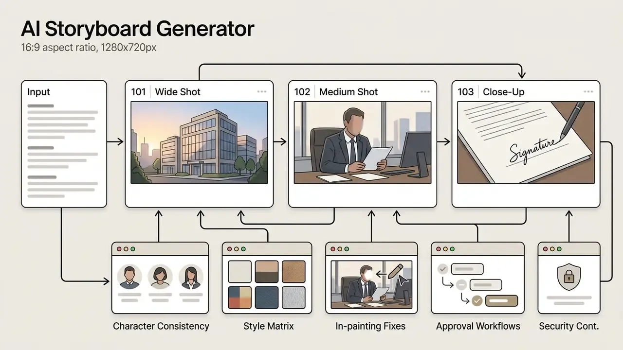 Sequence of three visual panels showing an office exterior, an executive at a desk, and a document signature
