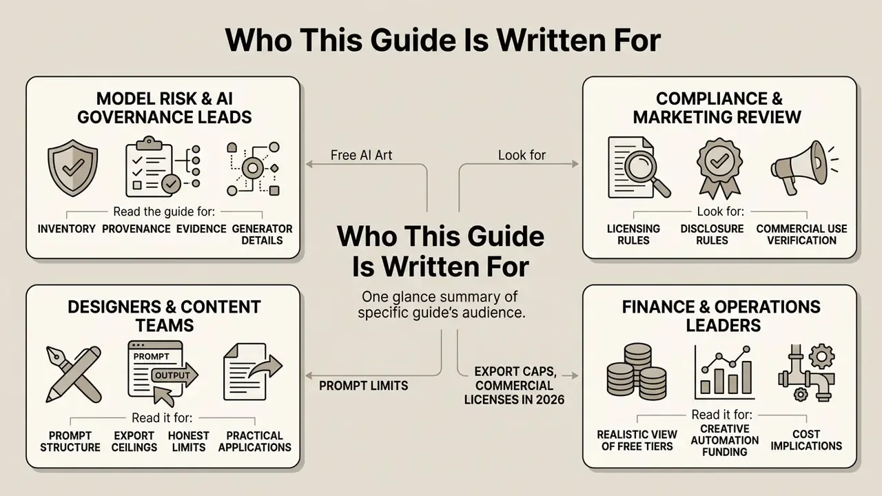 Four boxes detailing specific guide requirements for governance, marketing, design, and finance roles