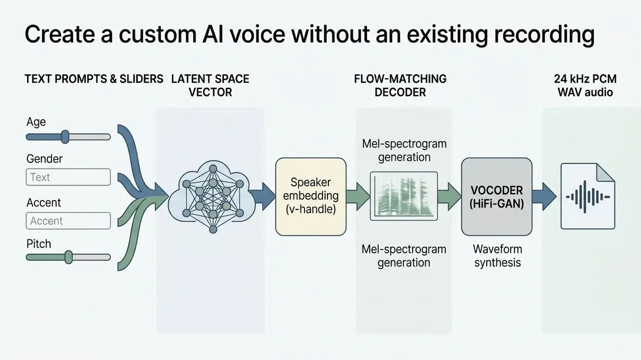 Technical diagram showing text prompts and sliders feeding into a latent space model to synthesize audio