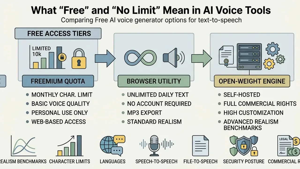 Flowchart comparing freemium quotas, browser utilities, and open-weight engines for AI voice generators