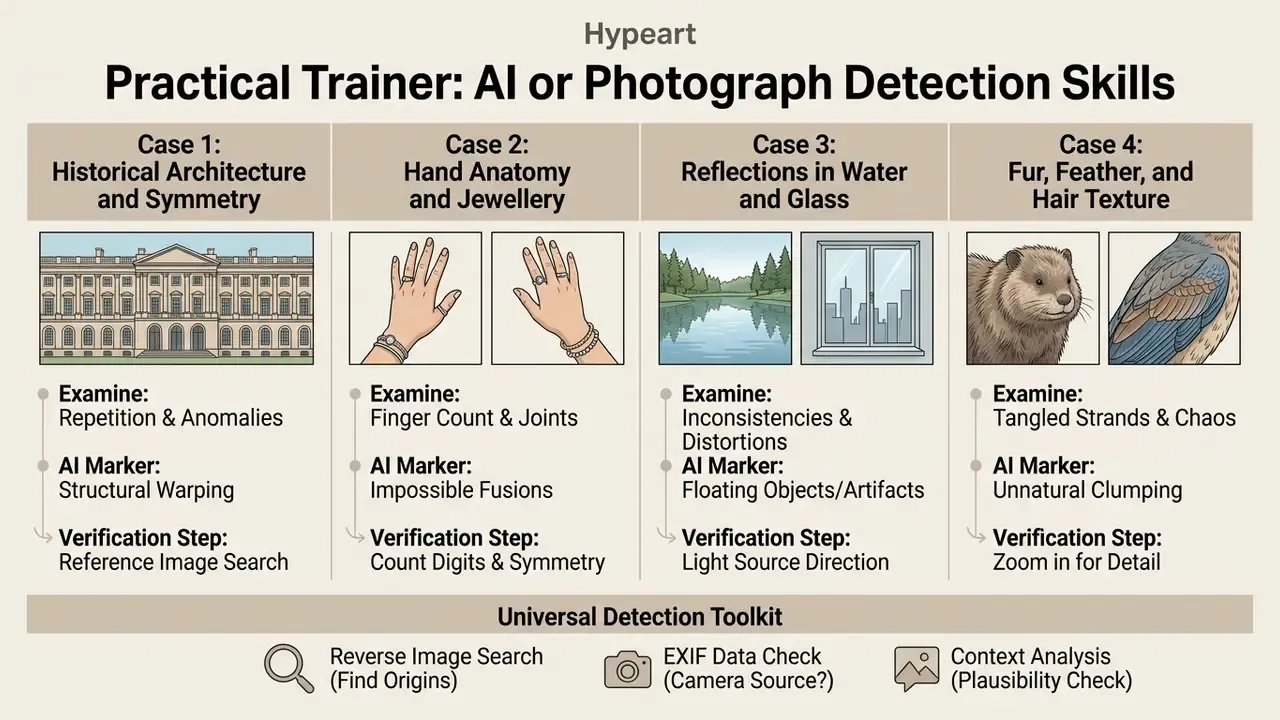 Four-column guide detailing visual cues for identifying AI-generated content versus real photographs