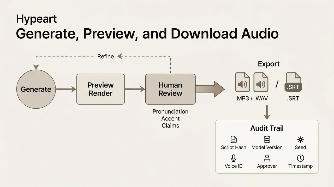 Process flow from audio generation and human review to file export and audit trail documentation