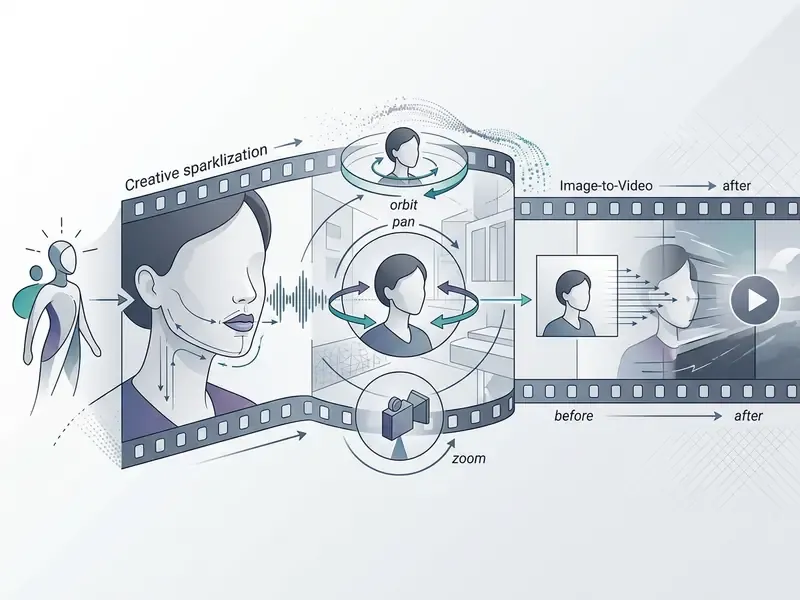 Visual representation of video generation showing lip-sync, camera movement, and image-to-video transformation