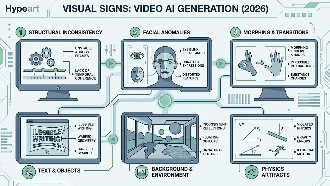 Infographic displaying common visual errors in AI generated video like facial distortions and physics glitches