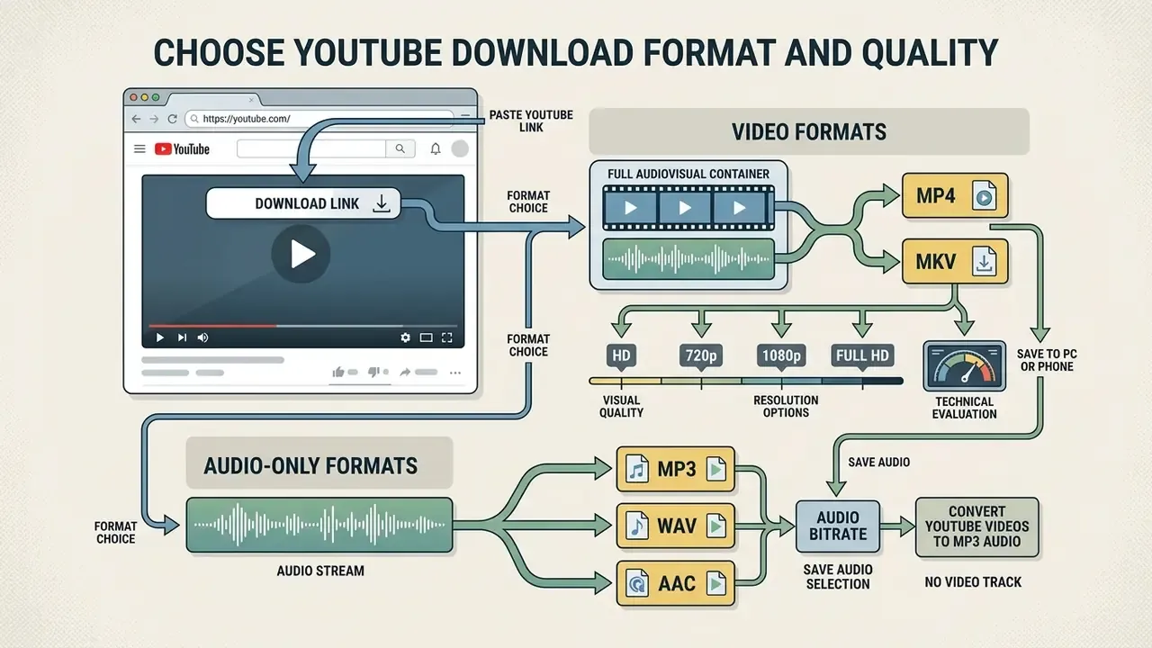 Infographic showing how to select between video containers like MP4 or audio formats like MP3 for downloads