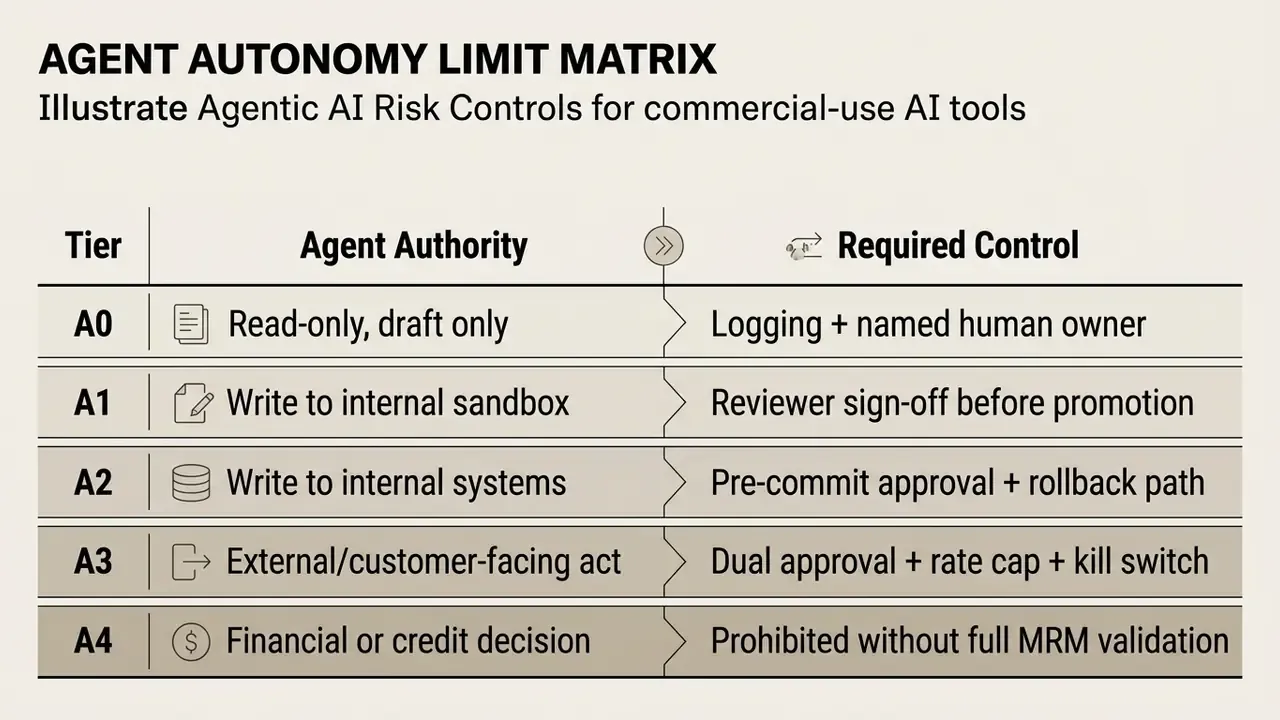 Table mapping five tiers of Agentic AI authority to their corresponding required risk control measures