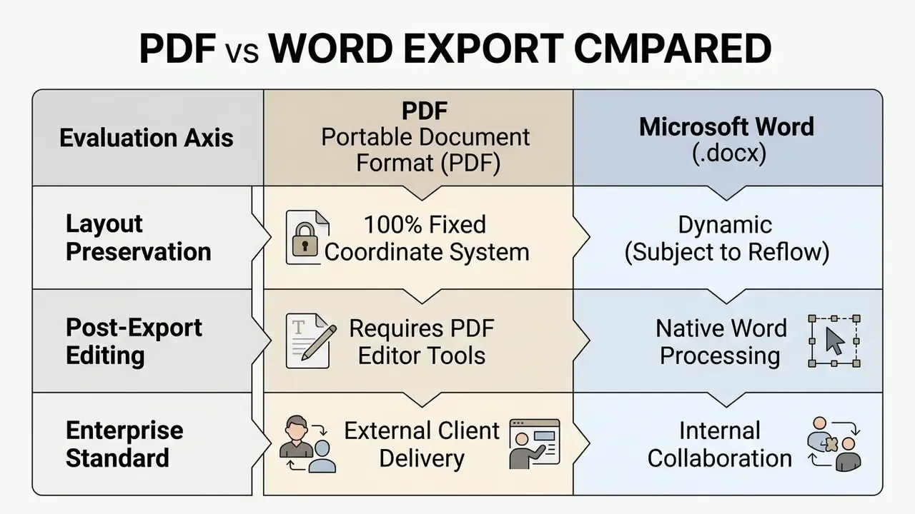 Comparison table evaluating PDF and Microsoft Word document formats across layout and editing criteria