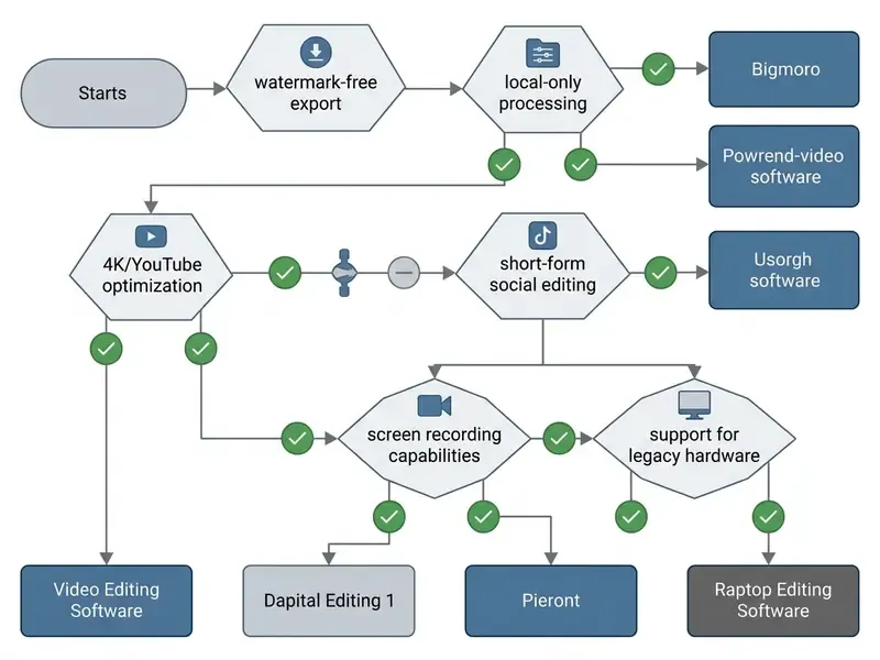 Decision flowchart mapping specific user requirements to recommended free video editing software