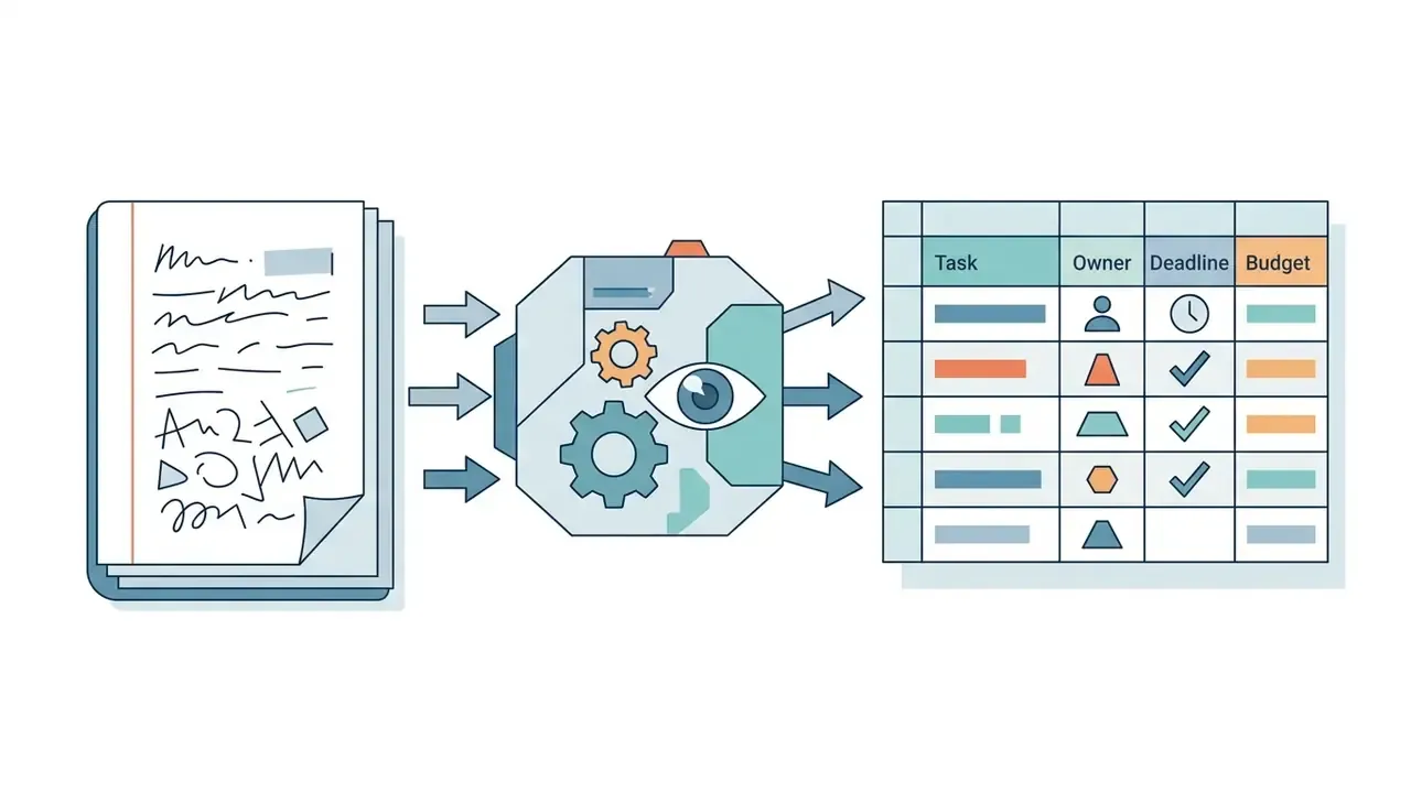 Raw meeting notes flowing through a processing unit into a structured task tracker table