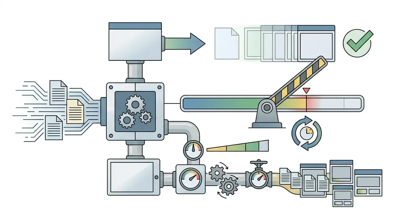 System of pipes and gears regulating data flow with a barrier gate representing daily fair-use capacity limits