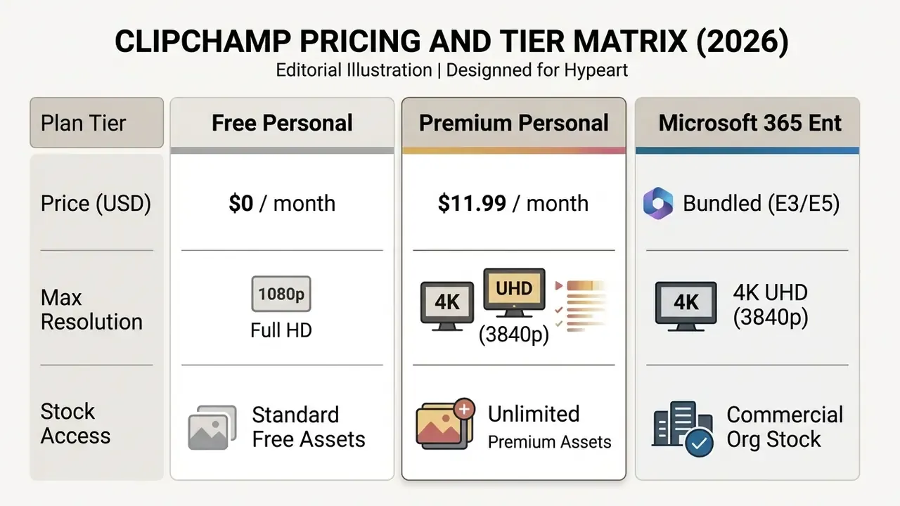 Comparison table listing monthly costs, resolution limits, and stock media access for three subscription tiers