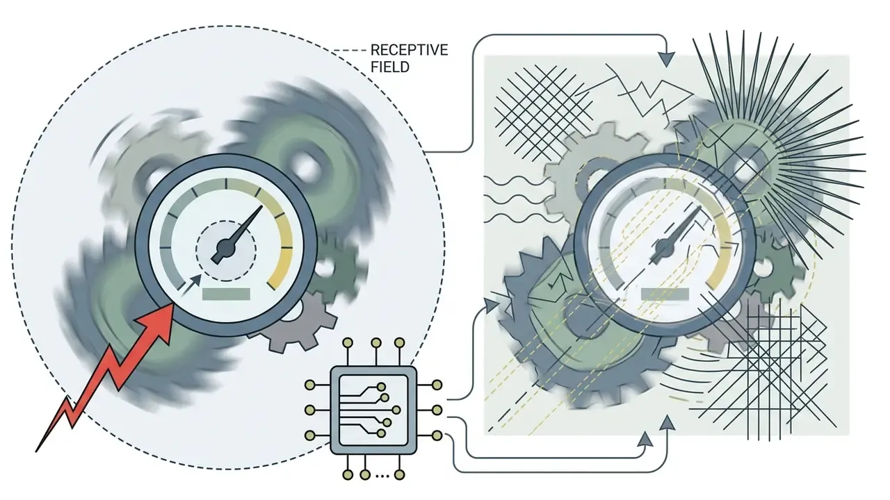 Diagram showing a processor analyzing a blurred gauge and producing distorted line artifacts