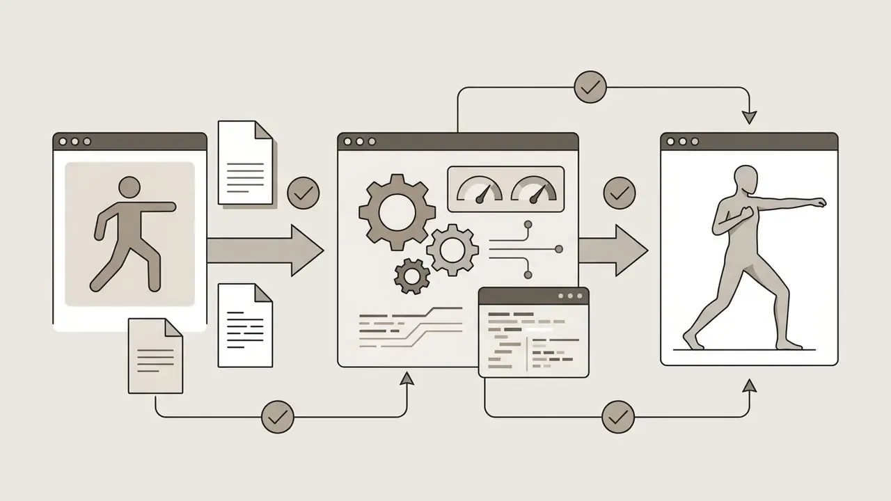 Process showing a reference pose input being processed by system gears to generate a matching figure