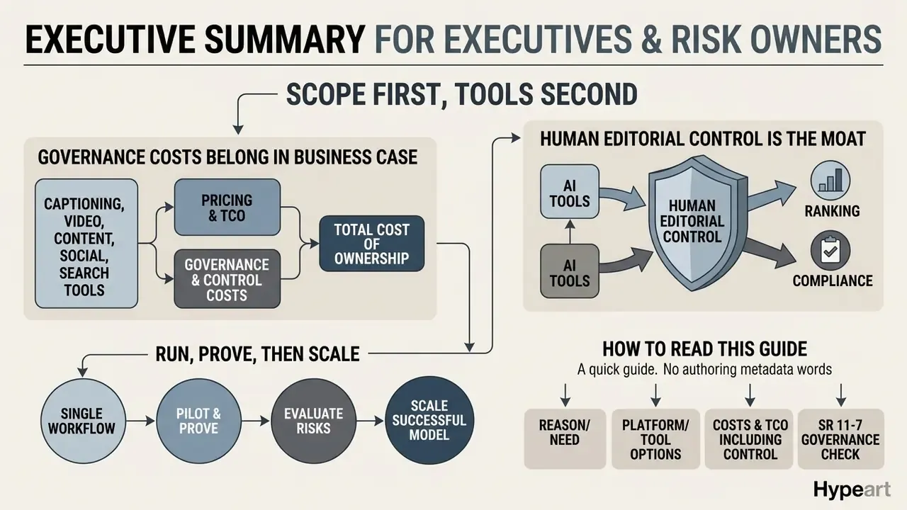 Infographic showing workflow steps for AI media alternatives by reason including governance and control