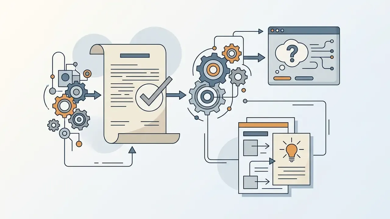 Gears and documents connected by lines representing the processing of data into ideas and logic