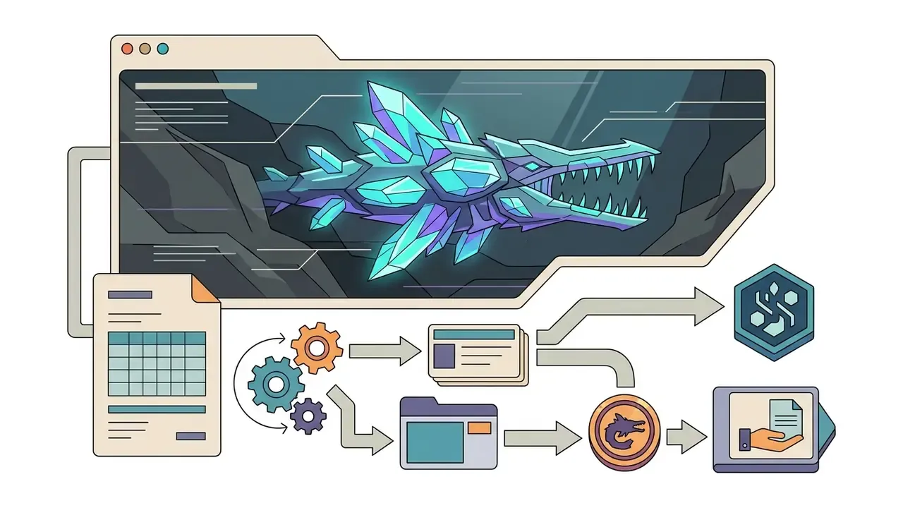 Bioluminescent crystal leviathan inside a browser window with a process diagram for generating assets