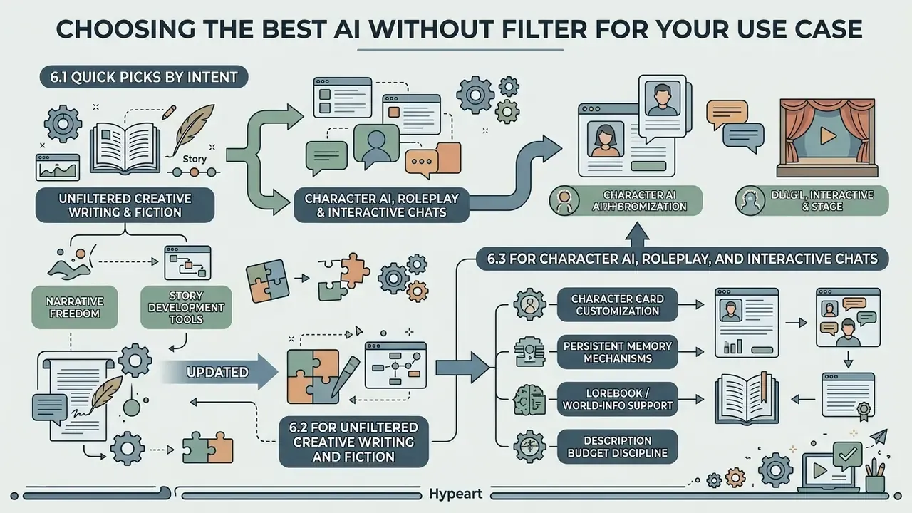 Flowchart outlining selection criteria for creative writing and roleplay AI tools by functional intent