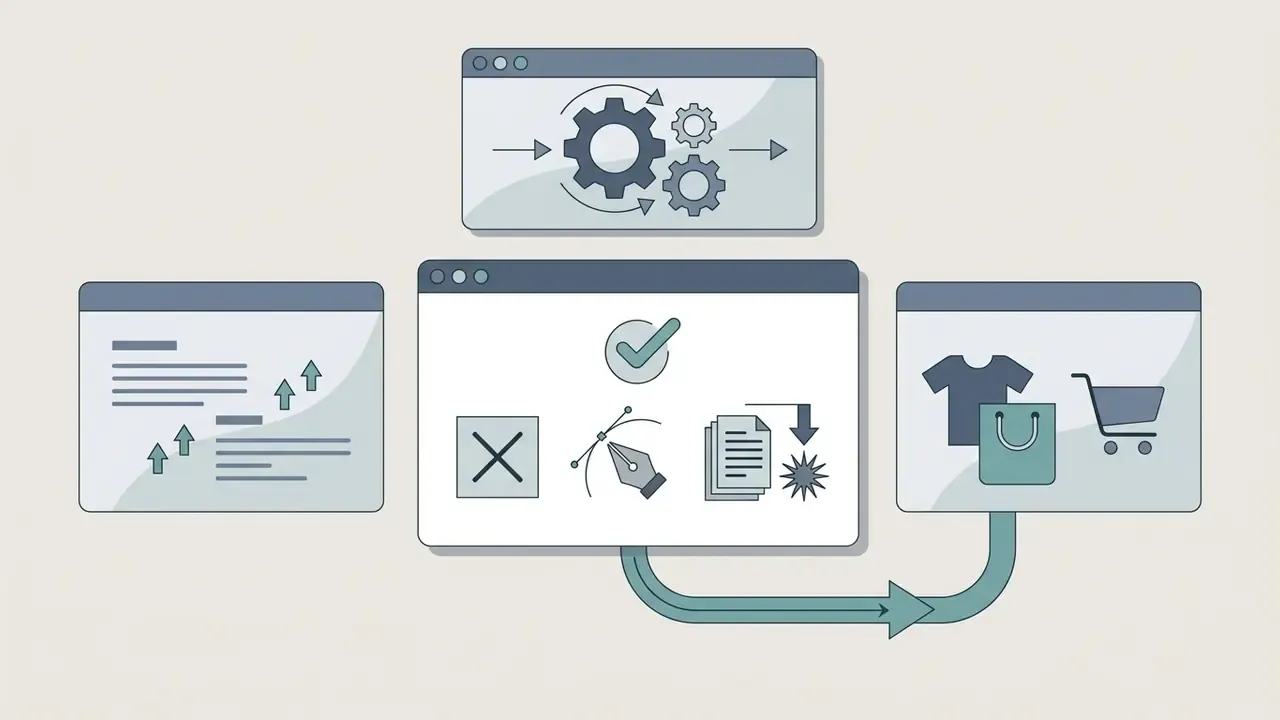 Browser windows showing design tools, vector editing, and print merchandise icons connected by arrows