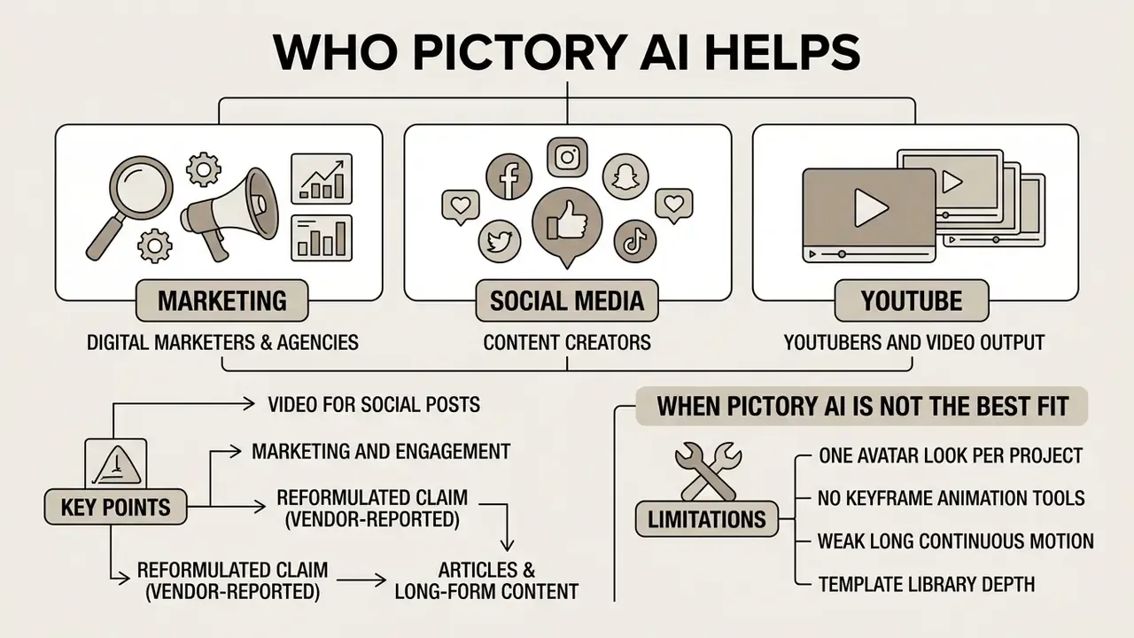 Categorized breakdown of Pictory AI users including marketing, social media, and YouTube applications
