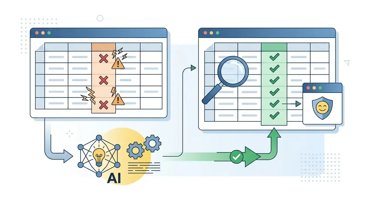 Spreadsheet errors moving through an AI processor to become a corrected table with a shield icon