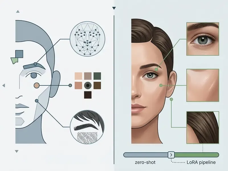 Split view showing facial feature mapping on the left and detailed skin and hair texture rendering on the right