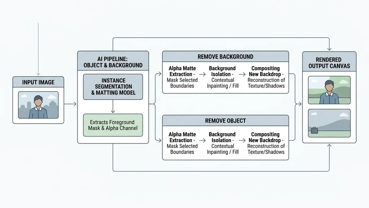 Flowchart showing the AI process for removing backgrounds and objects from an input image