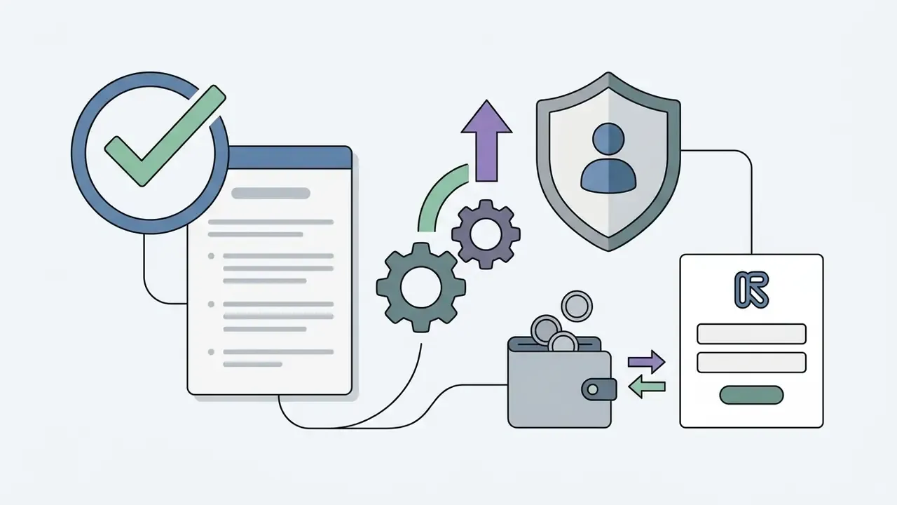 Document with a checkmark, rotating gears, a shield icon, and a wallet linked to a login form