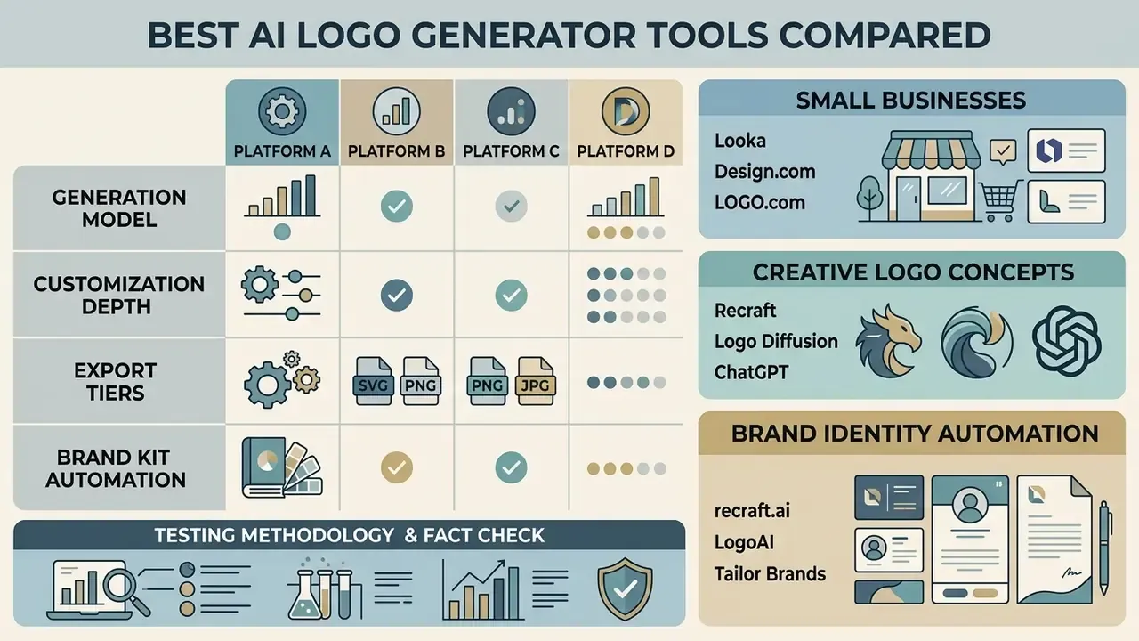 Comparison matrix evaluating various AI logo generator platforms across generation models and export features