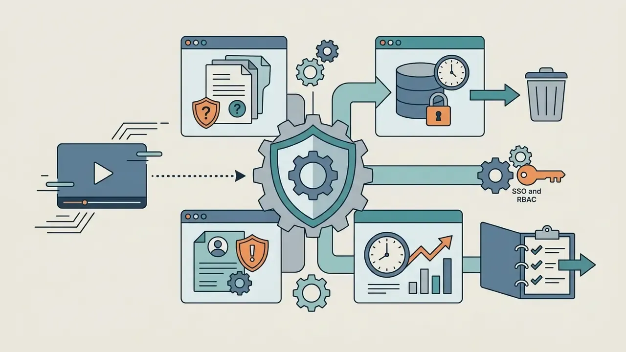 Central shield gear connecting video inputs to data retention, access control, and audit trail icons
