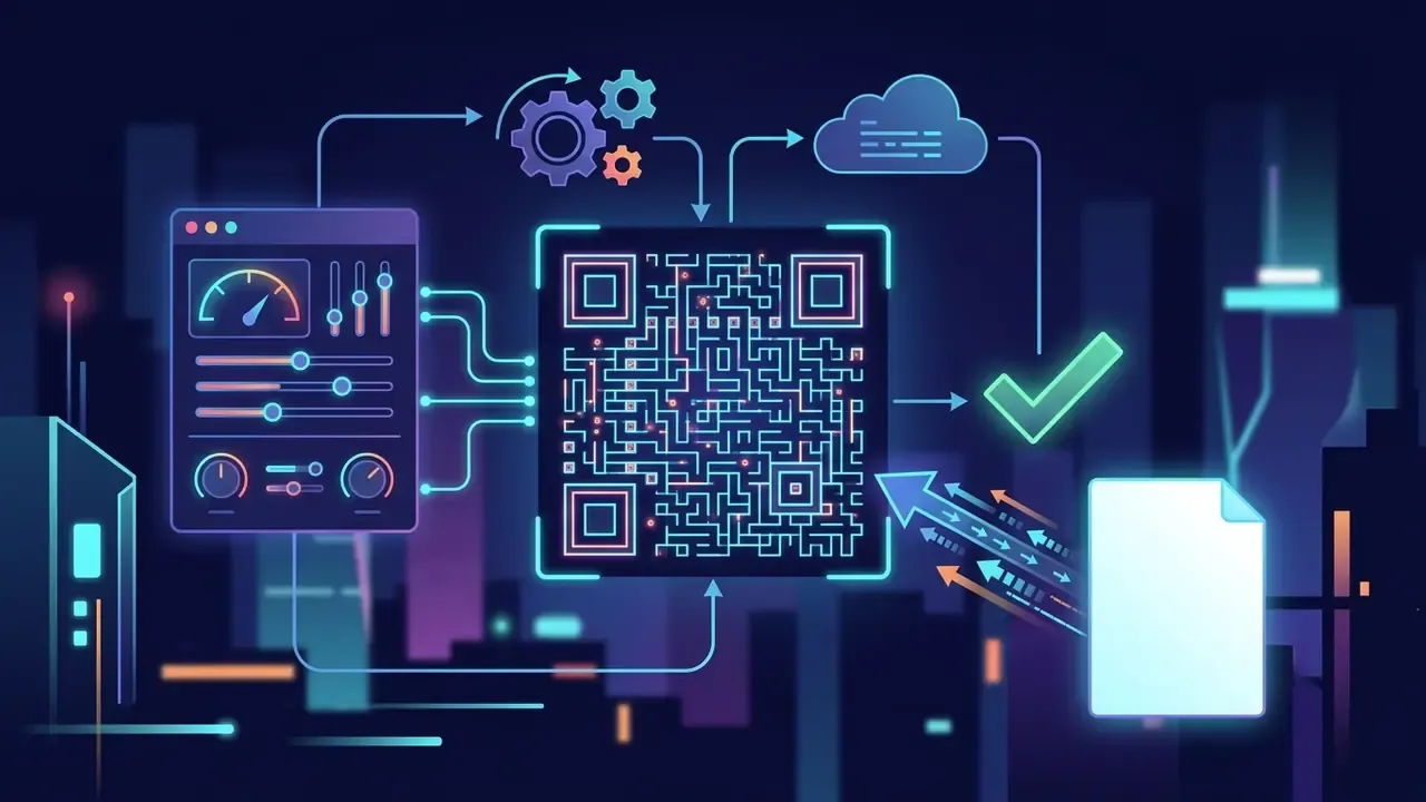 Neon interface showing a QR code connected to control panels, cloud storage, and document processing
