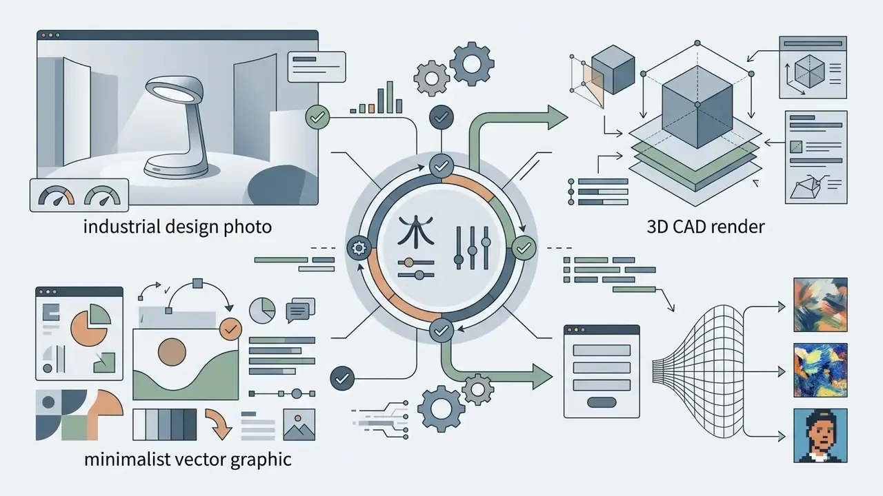 Central circular control hub connecting industrial design, 3D CAD, and vector graphic generation workflows
