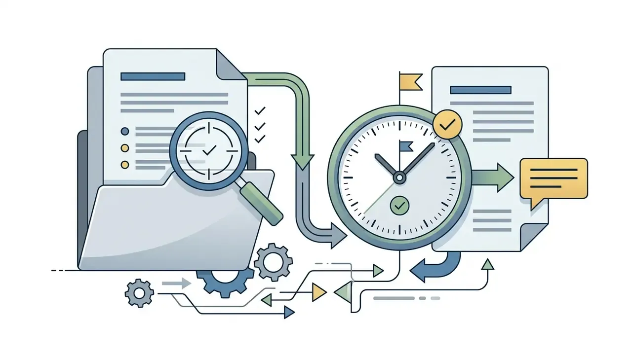 Magnifying glass over a file folder connecting to a clock and document for remote photo editor jobs