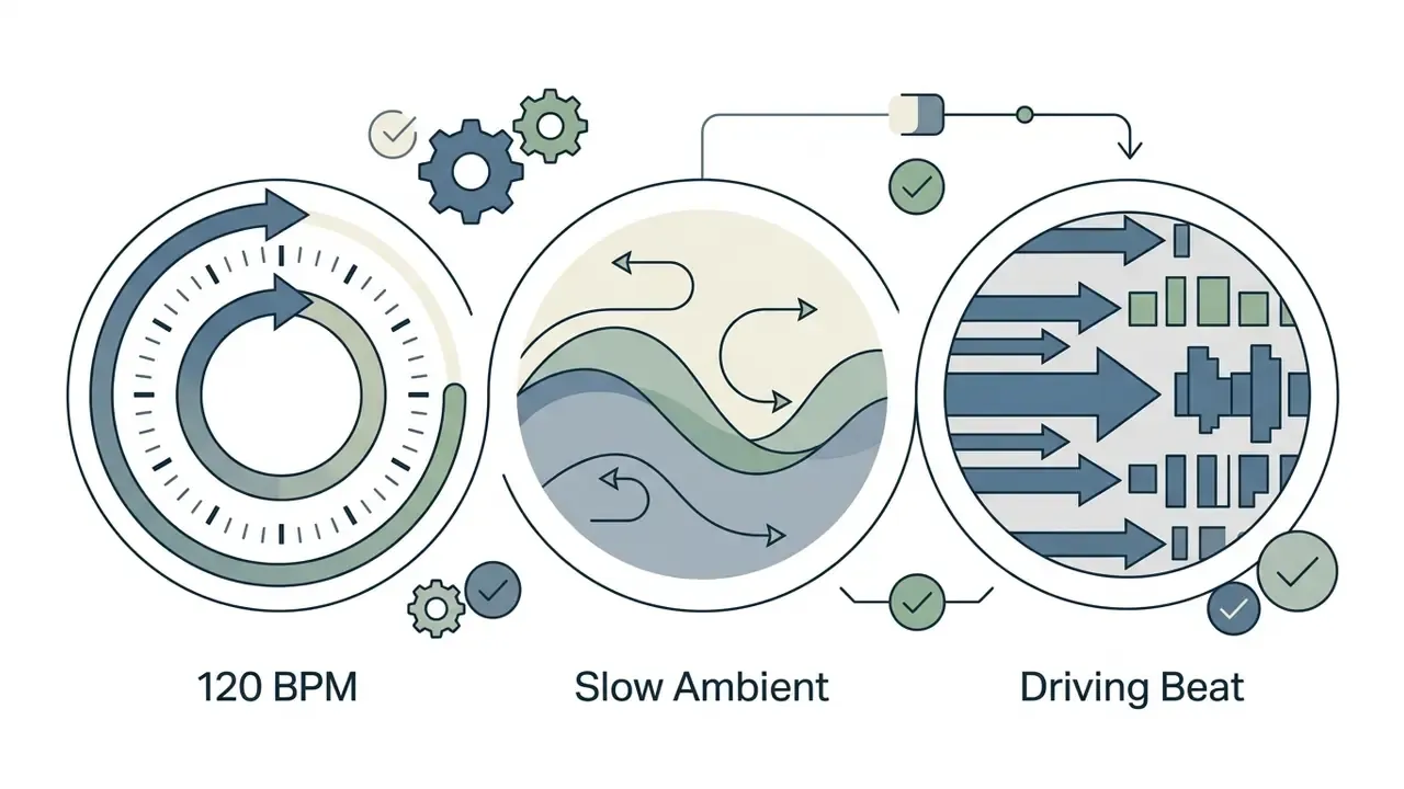 Three circular icons representing 120 BPM, slow ambient, and driving beat for an AI song creator