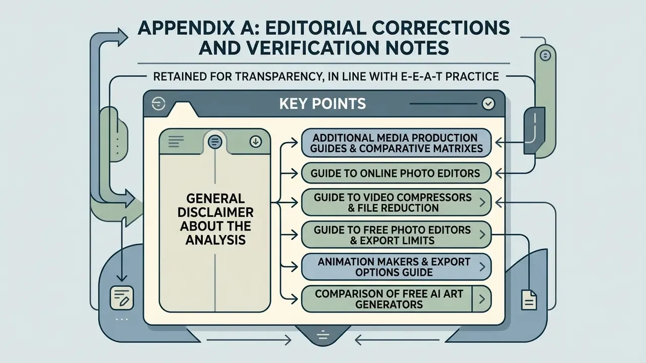 Summary list of editorial guides and analysis topics connected by lines in a stylized box layout