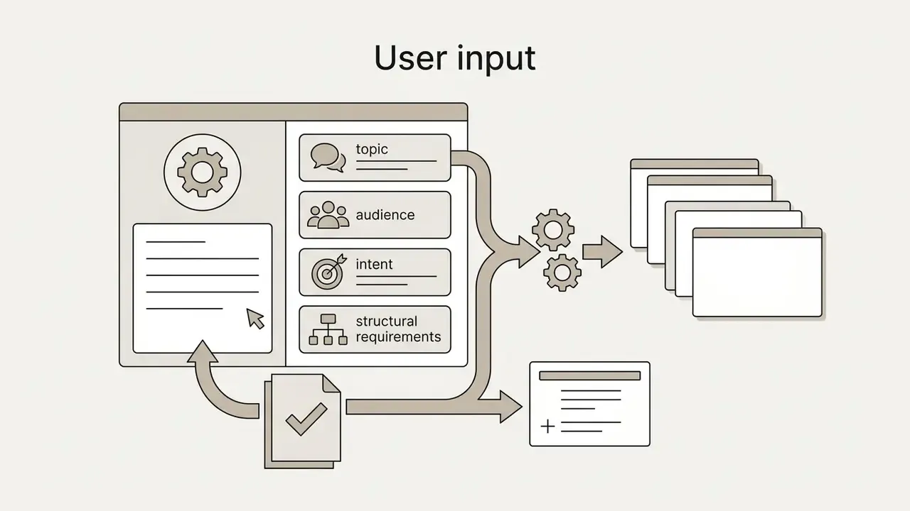 Input fields for topic and audience feeding into a gear system that processes data into slide layouts