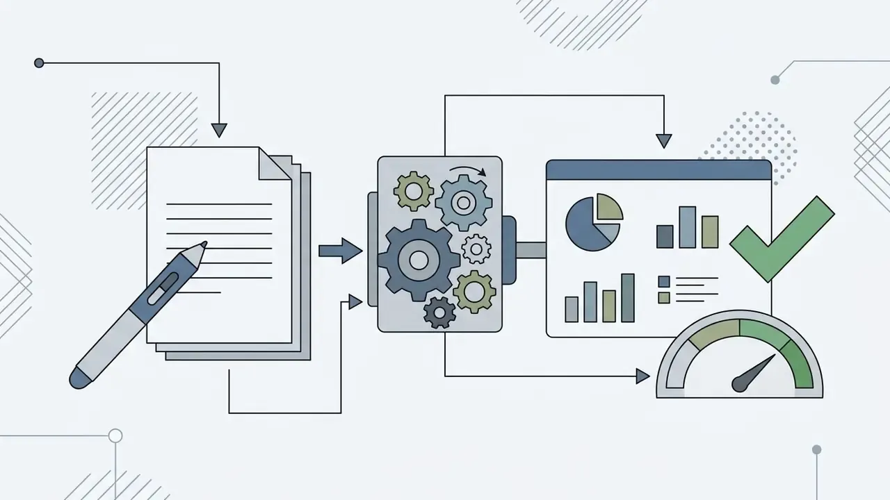 Pen writing on a document that feeds into a gear mechanism connected to a dashboard with a gauge