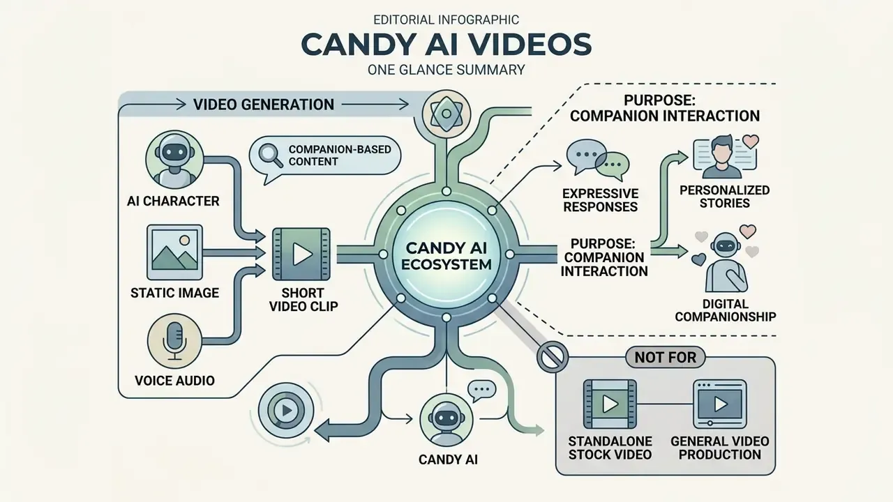 Infographic diagram explaining how Candy AI generates short video clips within a companion ecosystem