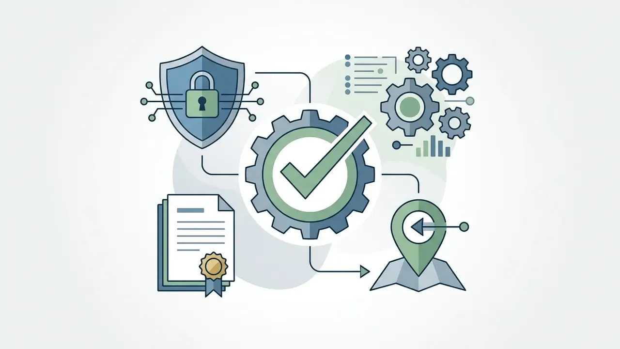 Central gear with a checkmark connecting to a security shield, legal document, and location map icon