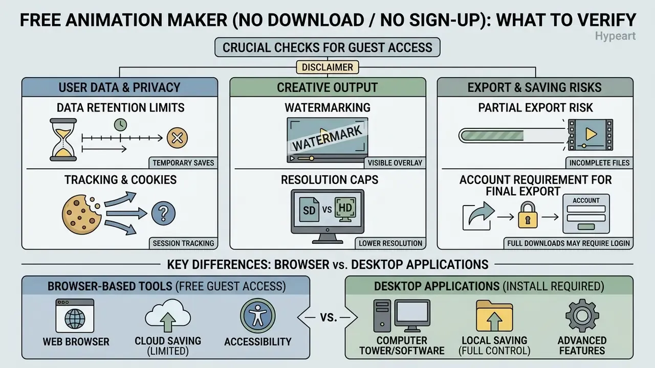 Summary chart detailing privacy, output constraints, and differences between browser and desktop software