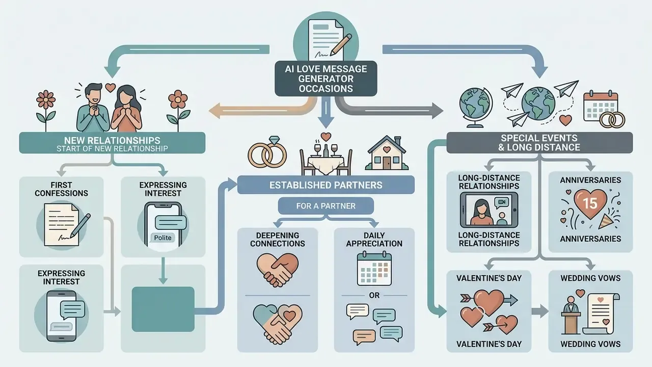 Flowchart showing various romantic milestones and scenarios suitable for automated message generation